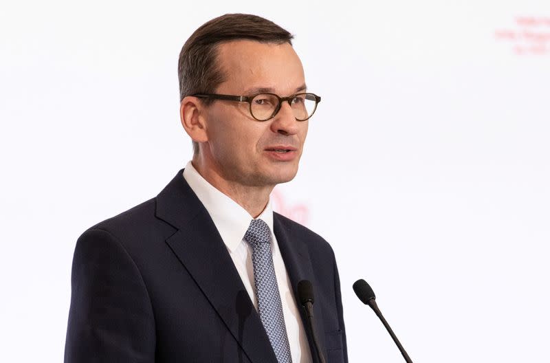 FILE PHOTO: Poland's Prime Minister Mateusz Morawiecki speaks during a news conference at a summit of the Visegrad Group (V4) countries in Warsaw,