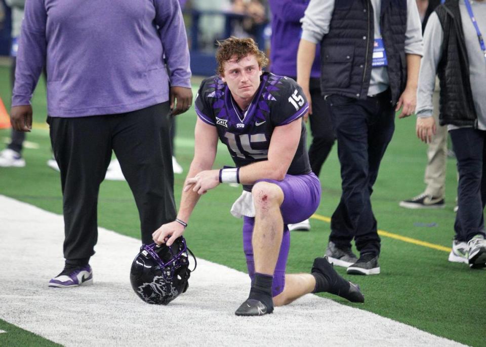 TCU quarterback Max Duggan fought back tears talking about his team’s 31-28 loss in overtime against No. 10 Kansas State in the Big 12 title game.