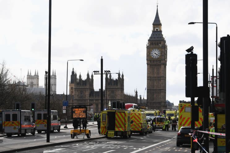 Ambulances, police vehicles and emergency services are seen on Westminster Bridge. (Getty Images)