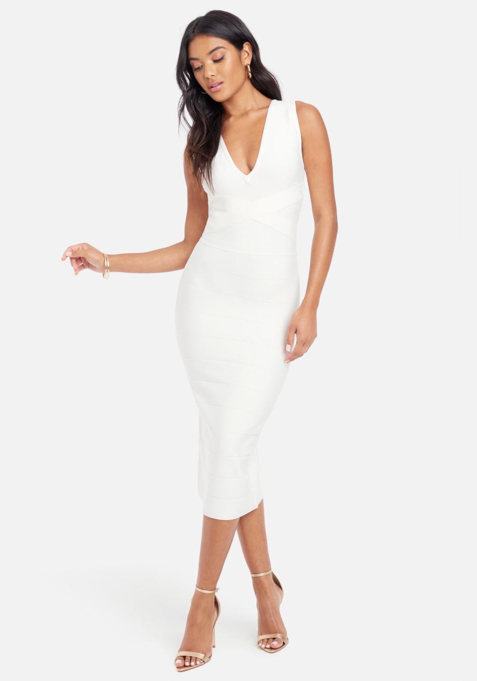 white dress, bandage, off-the-shoulder, bebe