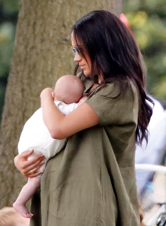 WOKINGHAM, UNITED KINGDOM - JULY 10: (EMBARGOED FOR PUBLICATION IN UK NEWSPAPERS UNTIL 24 HOURS AFTER CREATE DATE AND TIME) Meghan, Duchess of Sussex and Archie Harrison Mountbatten-Windsor attend the King Power Royal Charity Polo Match, in which Prince William, Duke of Cambridge and Prince Harry, Duke of Sussex were competing for the Khun Vichai Srivaddhanaprabha Memorial Polo Trophy at Billingbear Polo Club on July 10, 2019 in Wokingham, England. (Photo by Max Mumby/Indigo/Getty Images)