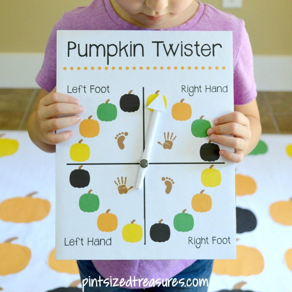 <p>Put a *twist* on the classic party game with this adorable DIY mat that swaps colorful circles for printable paper pumpkins. This helps little ones master colors <em>and </em>following directions. </p><p><em><a href="http://pintsizedtreasures.com/diy-pumpkin-twister-game/" rel="nofollow noopener" target="_blank" data-ylk="slk:Get the tutorial at Pint-Sized Treasures »;elm:context_link;itc:0;sec:content-canvas" class="link ">Get the tutorial at Pint-Sized Treasures »</a></em></p>