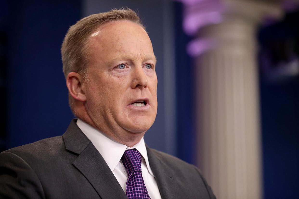 Former White House Press Secretary Sean Spicer speaks to reporters during an off-camera briefing: Chip Somodevilla/Getty Images