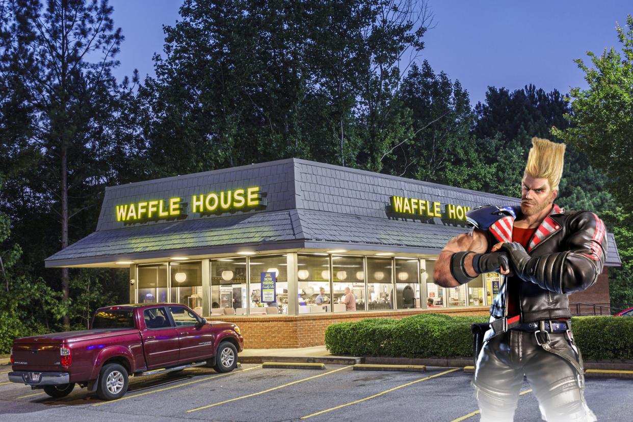  An image of a waffle house in Alpharetta, Georgia with Tekken fighter Paul Phoenix overlaid on top. Paul Phoenix is wearing stars-and-stripes shoulderpads in the colors of the American flag. 