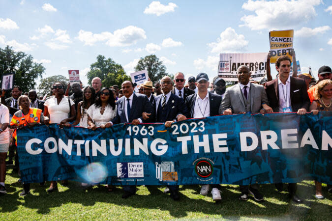 Yolanda King, from fourth left, Martin Luther King III, and Reverend Al Sharpton, founder and president of the National Action Network, during the March on Washington on the National Mall in Washington, DC, US, on Saturday, Aug. 26 | Bloomberg via Getty Images
