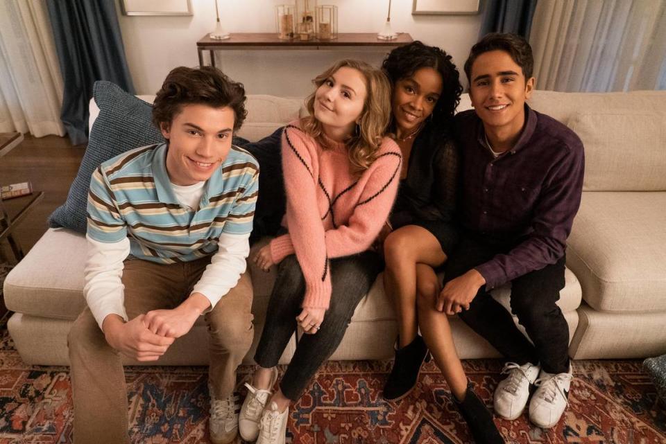 Kansas City actress Bebe Wood, second from left, played another high school student in the Hulu series “Love, Victor.” Here she is with co-stars, from left: Anthony Turpel, Rachel Hilson and Michael Cimino.