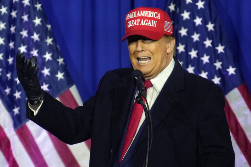 FILE - Republican presidential candidate former President Donald Trump speaks at a campaign rally in Waterford Township, Mich., Feb. 17, 2024. (AP Photo/Paul Sancya, File)