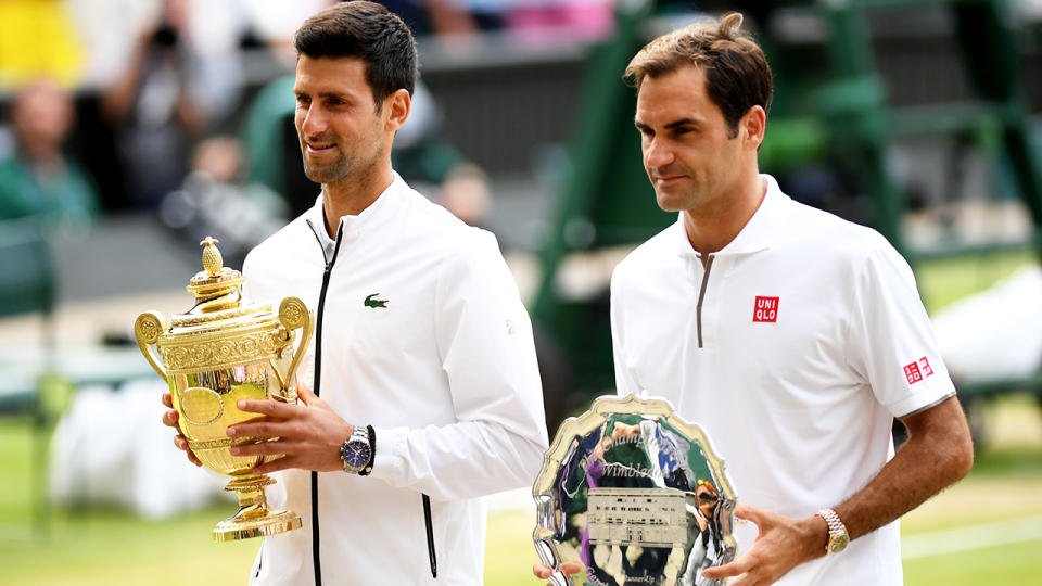 Novak Djokovic, pictured here after beating Roger Federer in the 2019 Wimbledon final.