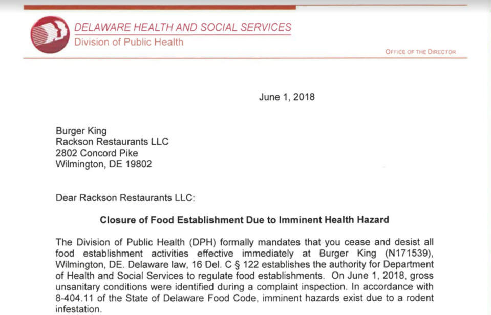 The health department identified ‘gross unsanitary conditions’ a closure notice read. Source: Delaware Health and Social Services Division of Public Health.