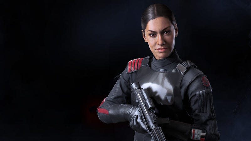 Iden Versio De Star Wars Battlefront Ii Tient Une Arme À Feu Devant Un Fond Noir.