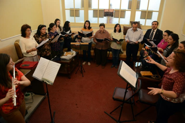 Saint Joseph's Roman Catholic church choir rehearses in the Egyptian capital Cairo, on April 19, 2017, ahead of Pope Francis' visit