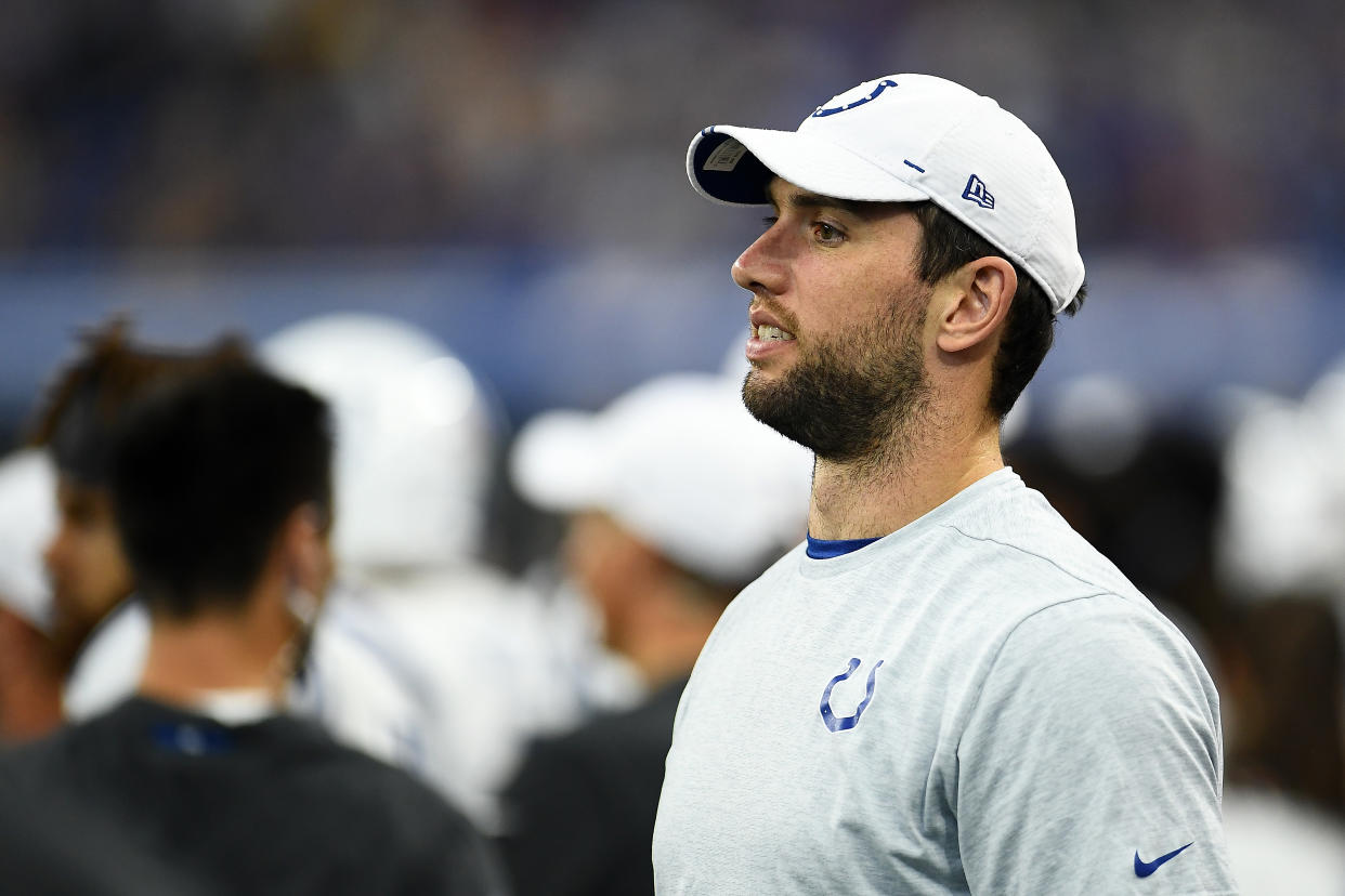 INDIANAPOLIS, INDIANA - AUGUST 17:  Andrew Luck #12 of the Indianapolis Colts watches action during a game against the Cleveland Browns at Lucas Oil Stadium on August 17, 2019 in Indianapolis, Indiana. (Photo by Stacy Revere/Getty Images)