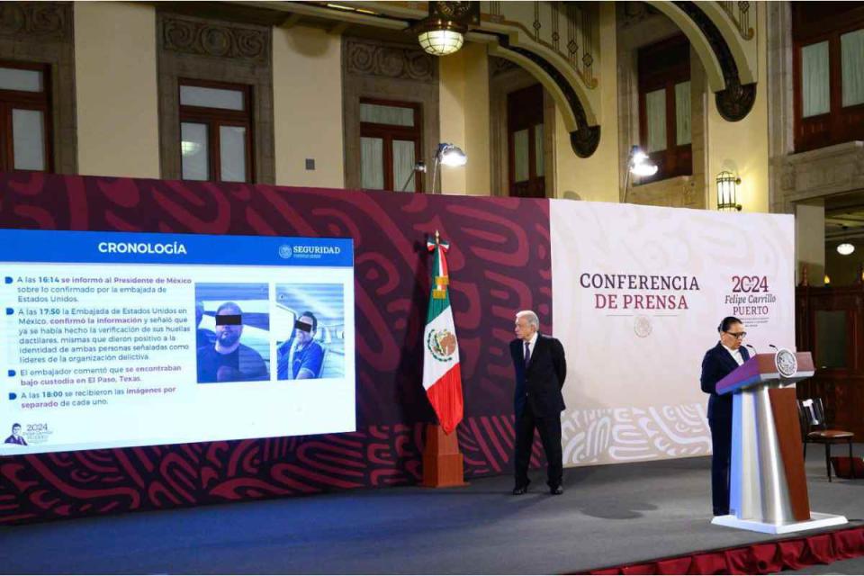 Secretaria de Seguridad, Rosa Icela Rodriguez, explicando detención de "El Mayo" y el hijo del "Chapo" en conferencia de AMLO. 