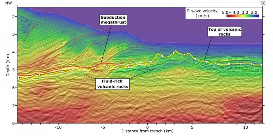 Layers of blue, green, yellow, orange, and red depict a seismic image of the Hikurangi Plateau