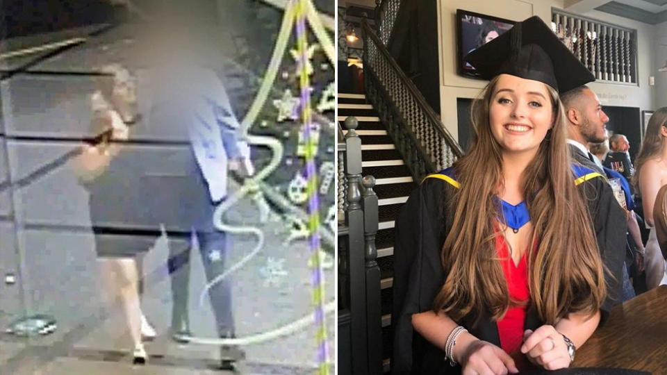 Pictured left are the pair before heading to the man’s hotel apartment. Right is a picture of Ms Millane at her university graduation. Source: AAP