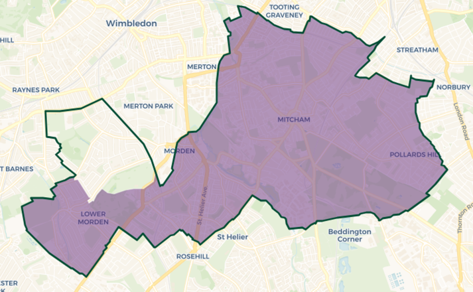 Mitcham and Morden constituency map. Purple shaded area: Current constituency boundary. Green outlines new constituency boundaries (© OpenStreetMap contributors | © CARTO)