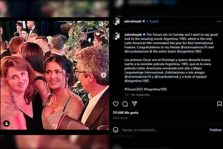 Salma Hayek deseó que la Argentina se lleve el Oscar (Foto Instagram @salmahayek)