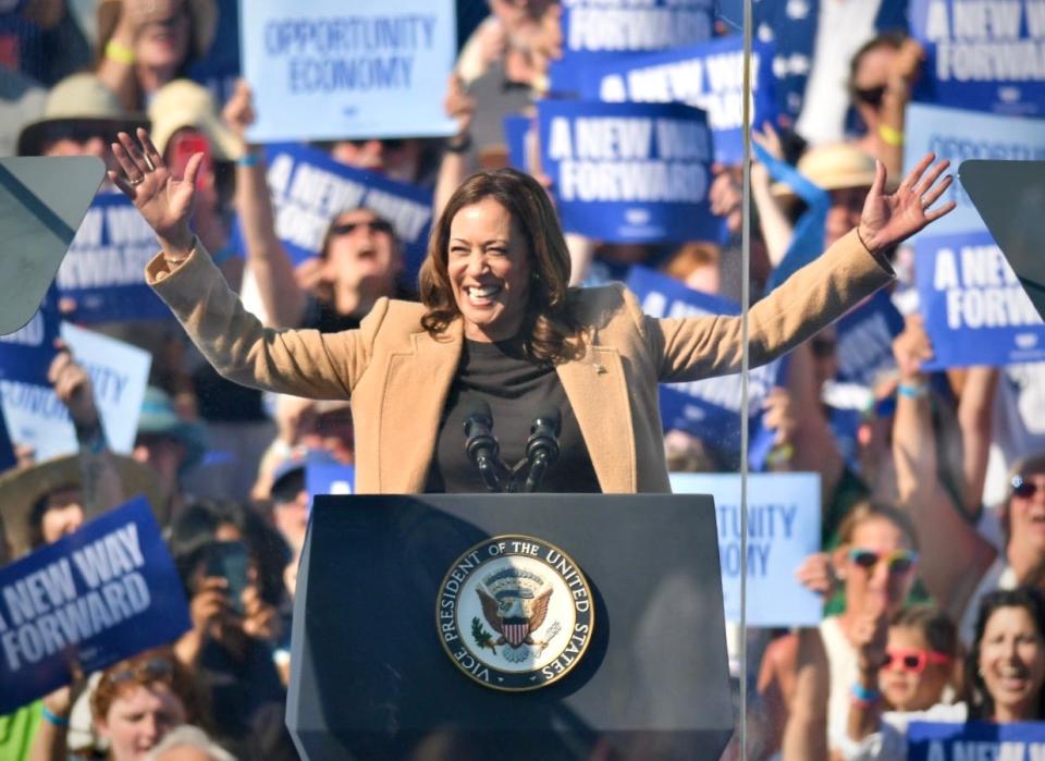 Democratic presidential nominee Kamala Harris campaigns in North Hampton, N.H., on Sept. 4, 2024.