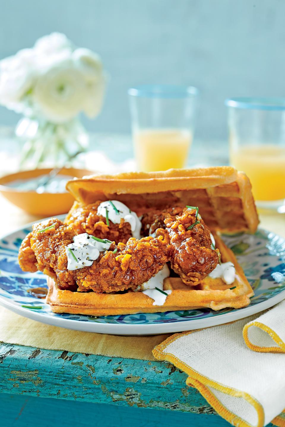 Hot Chicken-and-Waffle Sandwiches with Chive Cream