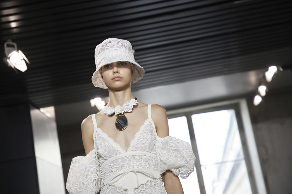 A model wears a creation as part of the Valli Ready To Wear Spring-Summer 2020 collection, unveiled during the fashion week, in Paris, Monday, Sept. 30, 2019. (Photo by Vianney Le Caer/Invision/AP)