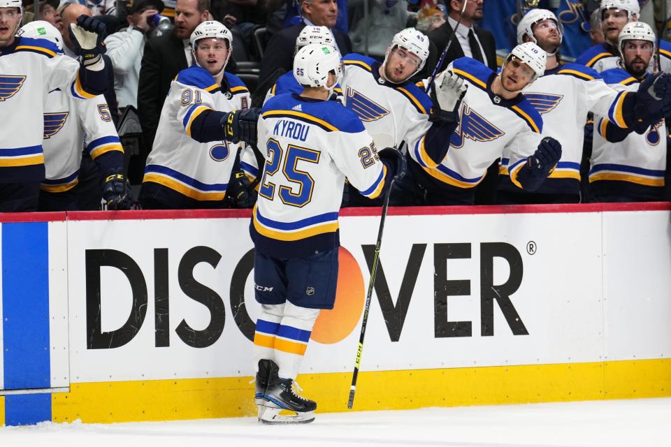 St. Louis Blues center Jordan Kyrou (25) is congratulated for his goal against the Colorado Avalanche during the second period in Game 2 of an NHL hockey Stanley Cup second-round playoff series Thursday, May 19, 2022, in Denver. (AP Photo/Jack Dempsey)