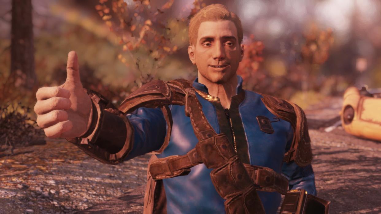  Fallout 76 - a player in a vault suit gives a thumbs up. 