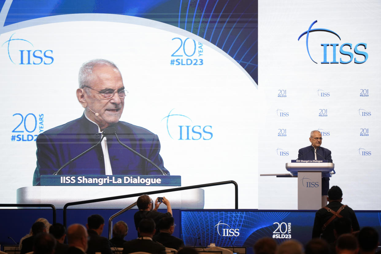 President of East Timor Jose Ramos Horta delivers his speech during the last day of the 20th International Institute for Strategic Studies (IISS) Shangri-La Dialogue, Asia's annual defense and security forum, in Singapore, Sunday, June 4, 2023. (AP Photo/Vincent Thian)