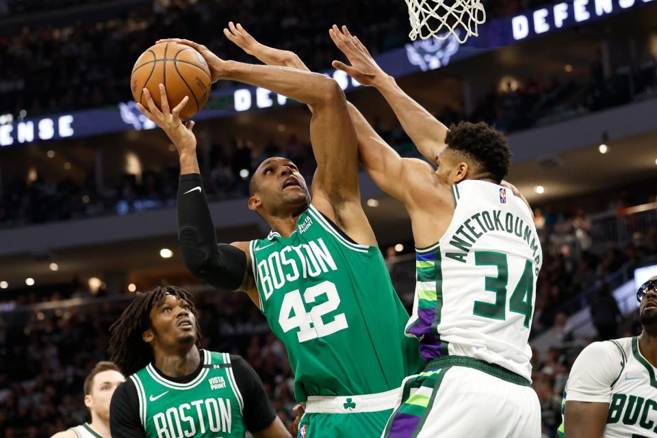 Veteran Celtics forward Al Horford (42) battled Bucks forward Giannis Antetokounmpo (34) throughout the seven-game Eastern Conference semifinal series.