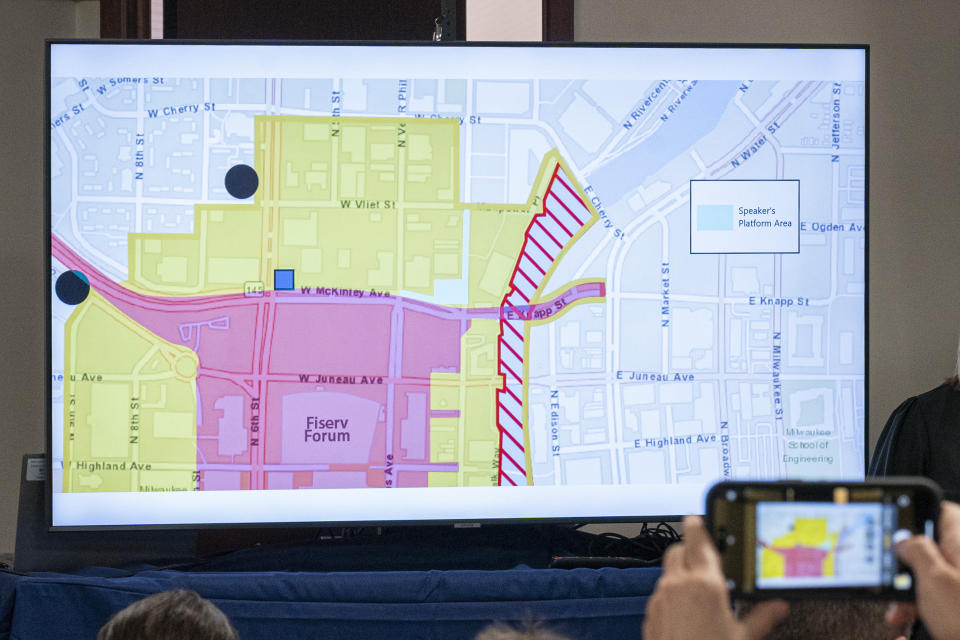 The U.S. Secret Service released maps Friday, June 21, 2024, showing the parade route and protest zones that will be allowed during the Republican National Convention held in Milwaukee next month. (AP Photo/Andy Manis)