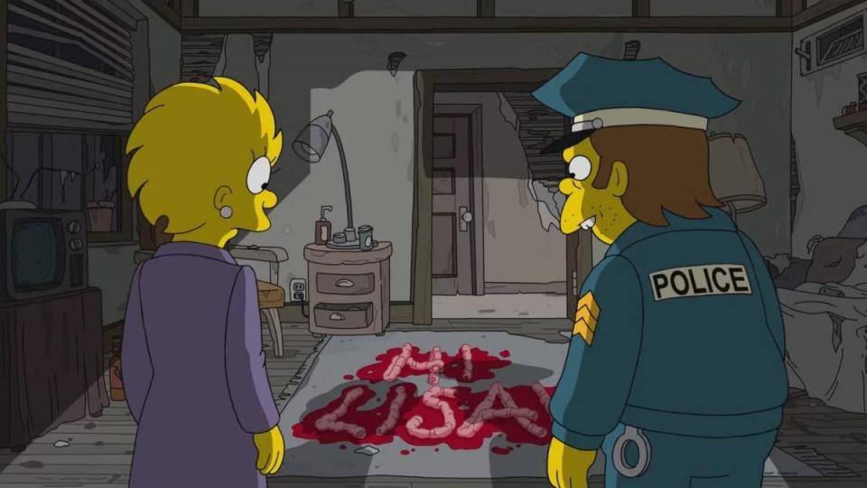 Adult Lisa and Nelson look at "Hi Lisa" spelled out in intestines on the floor on The Simpsons: Treehouse of Horror XXXIV