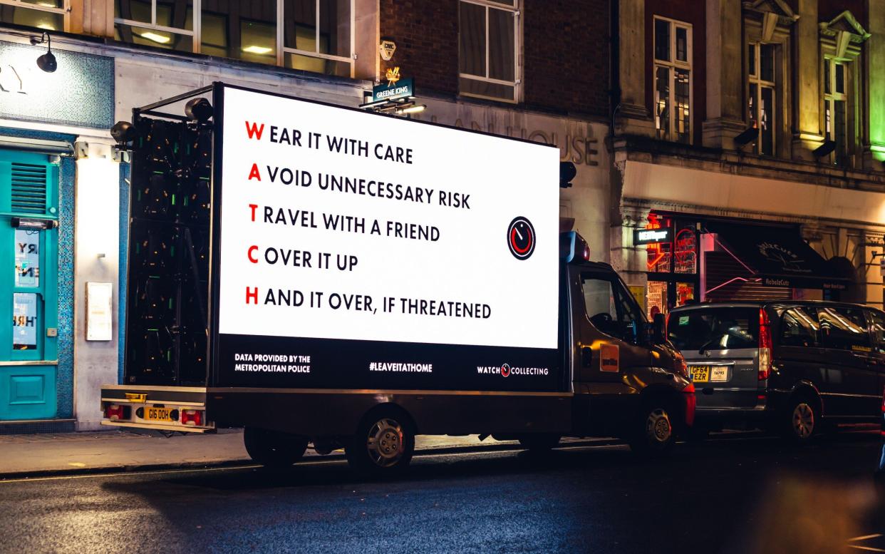 The digital billboard has been driven around areas most regularly targeted by thieves, including Chelsea and Mayfair