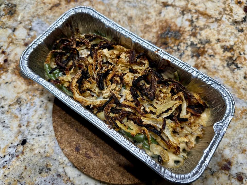 alton brown's green bean casserole in a loaf tin