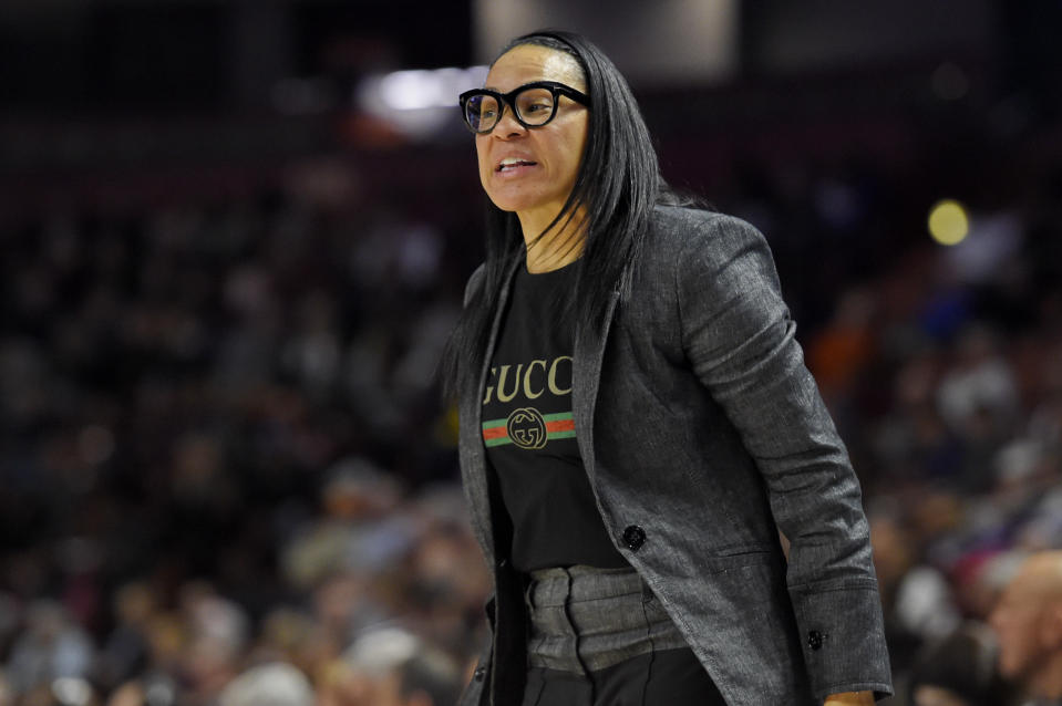South Carolina head coach Dawn Staley reacts during a semifinal match against Arkansas at the Southeastern conference women's NCAA college basketball tournament in Greenville, S.C., Saturday, March 7, 2020. (AP Photo/Richard Shiro)