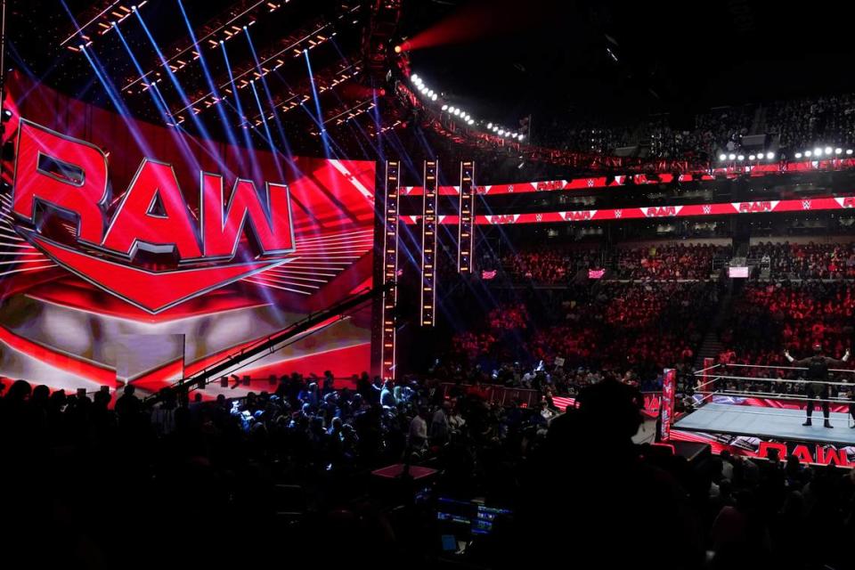 Bright lights illuminate the ring during the WWE “Monday Night RAW” event, Monday, March 6, 2023, in Boston. The popular live TV wrestling event will be broadcast from Rupp Arena Monday, Feb. 12.