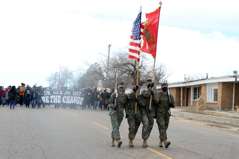 About 200 people gathered to make the one mile walk from New Hope Baptist Church to Bones Hooks Park to honor Martin Luther King Jr. on Martin Luther King Jr. Day in a previous year. [Neil Starkey / For the Amarillo Globe-News]