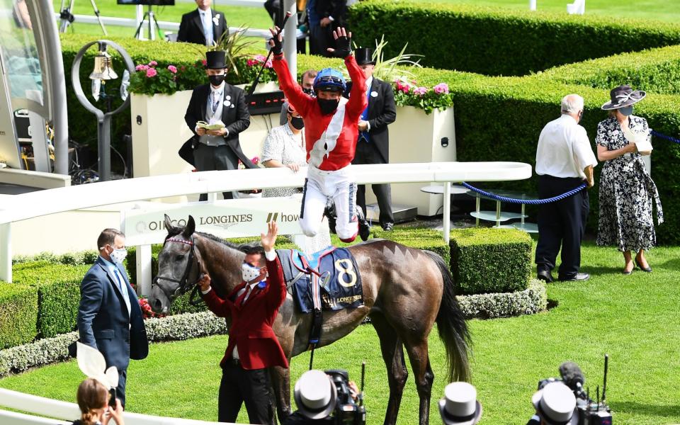 Frankie Dettori celebrates on board Indie Angel - Getty