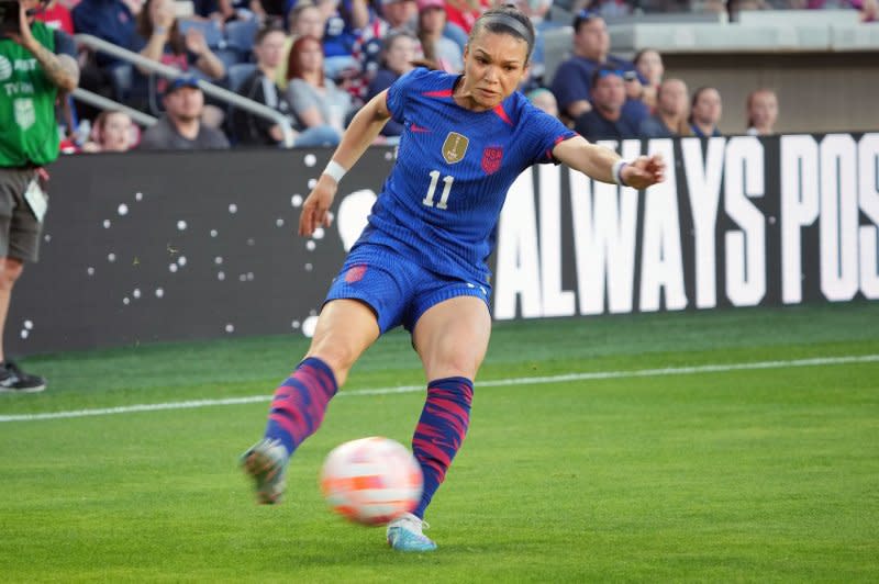 United States Women's National Team striker Sophia Smith scored in extra time and converted a penalty kick to contribute to a Gold Cup semifinal win over Canada on Wednesday in San Diego. File Photo by Bill Greenblatt/UPI