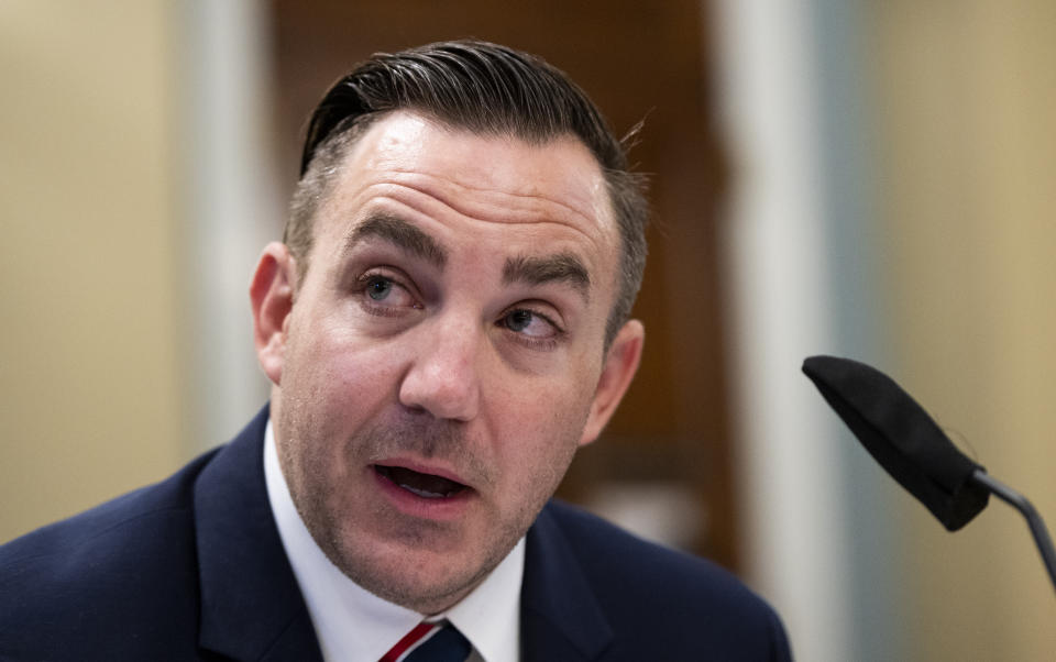 National Guard Maj. Adam DeMarco testifies during a House Natural Resources Committee hearing on actions taken on June 1, 2020 at Lafayette Square, Tuesday, July 28, 2020 on Capitol Hill in Washington. (Bill Clark/Pool via AP)