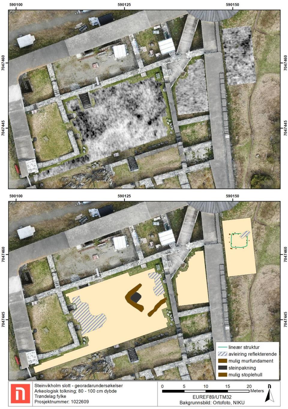 The castle courtyard as seen in the radar scans (top) and with the outline of the buried ruins marked in brown (bottom).