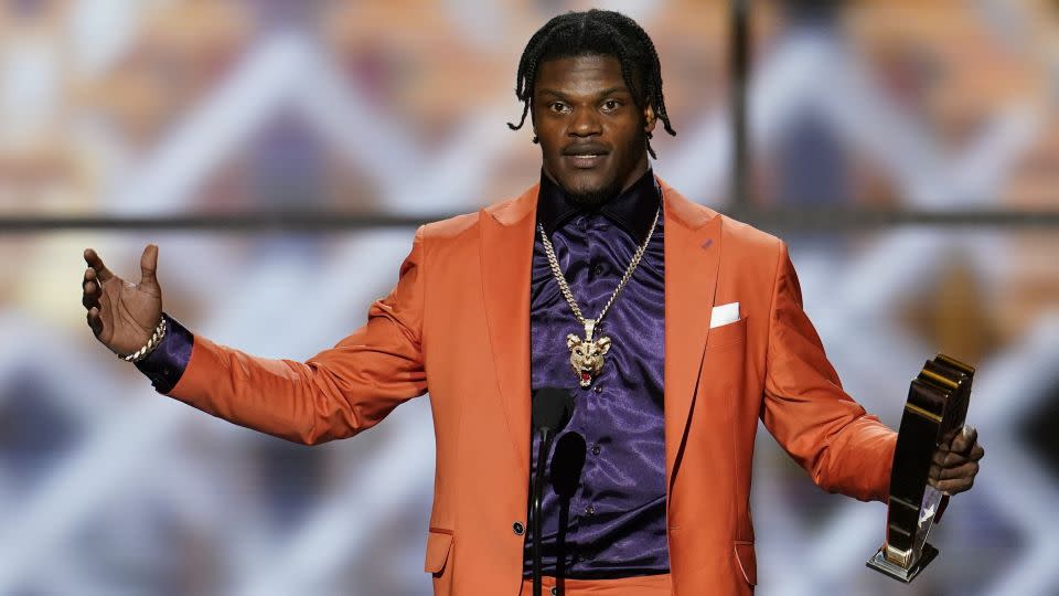 Jackson speaks after winning the NFL MVP award at the end of the 2019 season. - David J. Phillip/AP