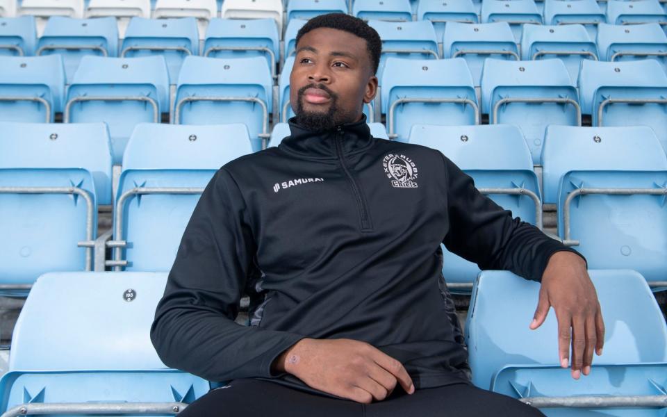 Exeter Chiefs 6ft forward Christ Tshiunza at Sandy Park, Exeter today Fig