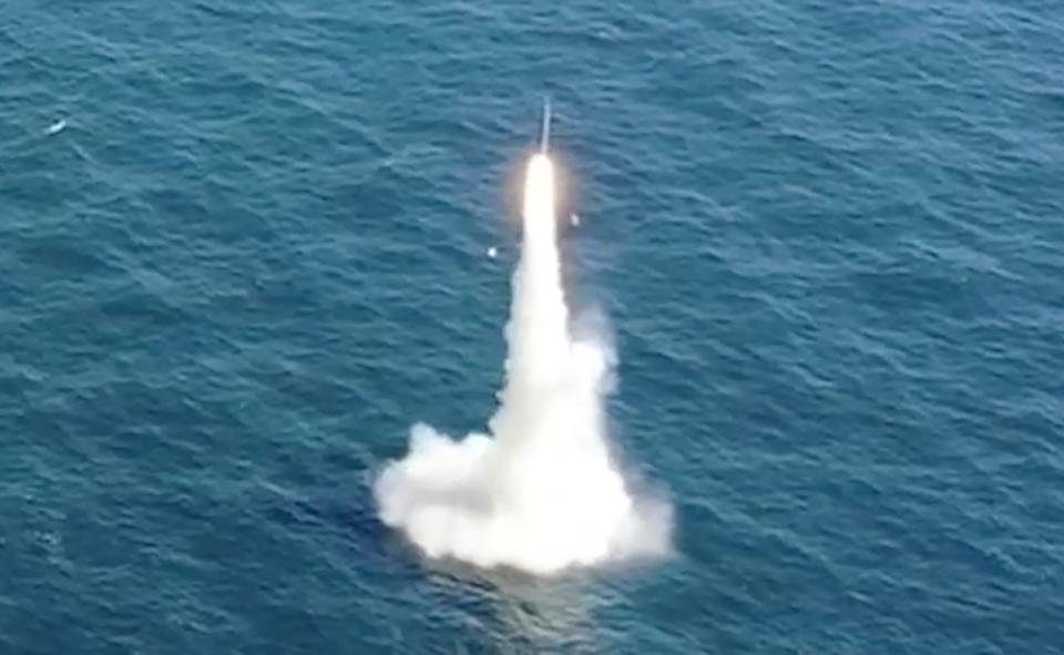 In this image taken from video provided by the South Korea Defense Ministry, South Korea's first underwater-launched ballistic missile is test-fired from a 3,000-ton-class submarine at an undisclosed location in the waters of South Korea, Wednesday, Sept. 15, 2021