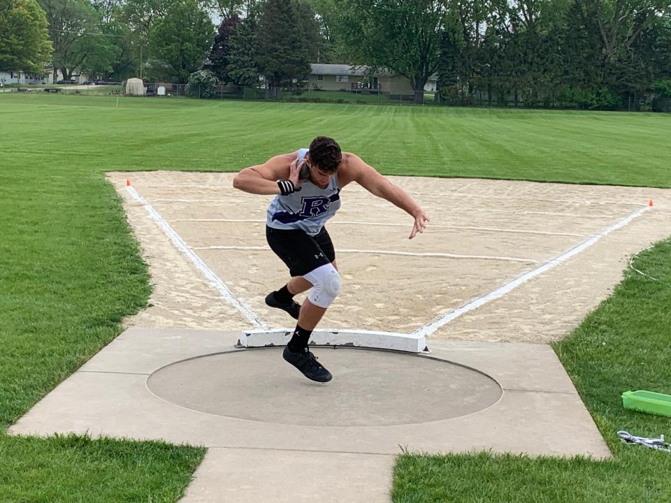 Rochelle's Zach Sanford gets set to launch the shot put during the Class 2A Rochelle Sectional on Wednesday, May 18, 2022. Sanford advanced to state on distance in the shot put.