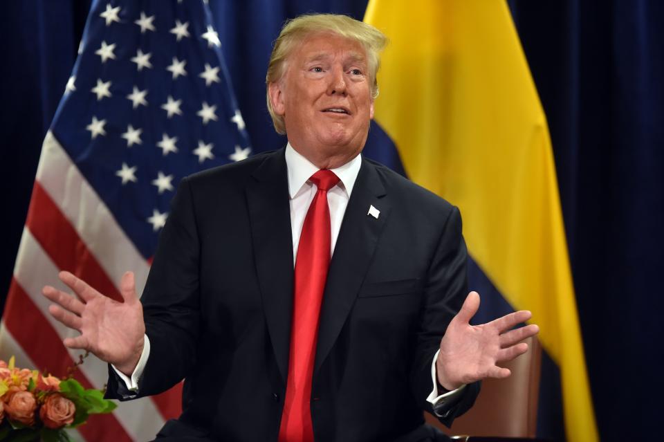 President Trump speaks to reporters at the United Nations in New York on Tuesday. (Photo: Nicholas Kamm/AFP/Getty Images)