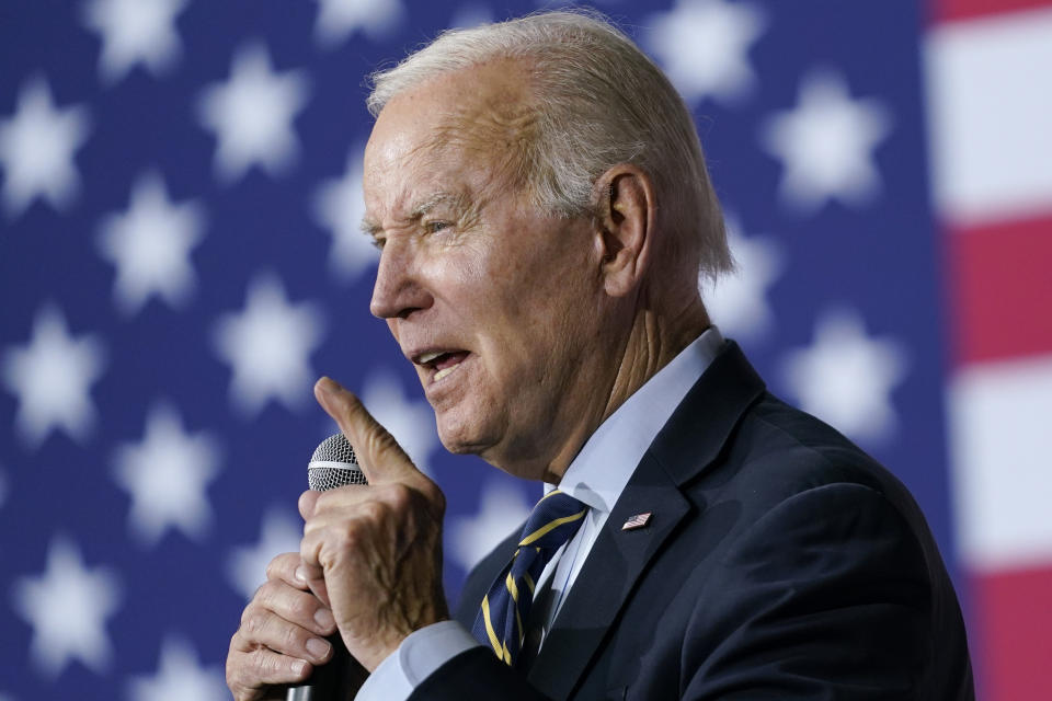 FILE - President Joe Biden speaks about his economic agenda at International Union of Operating Engineers Local 77's training facility in Accokeek, Md., Wednesday, April 19, 2023. (AP Photo/Patrick Semansky, File)