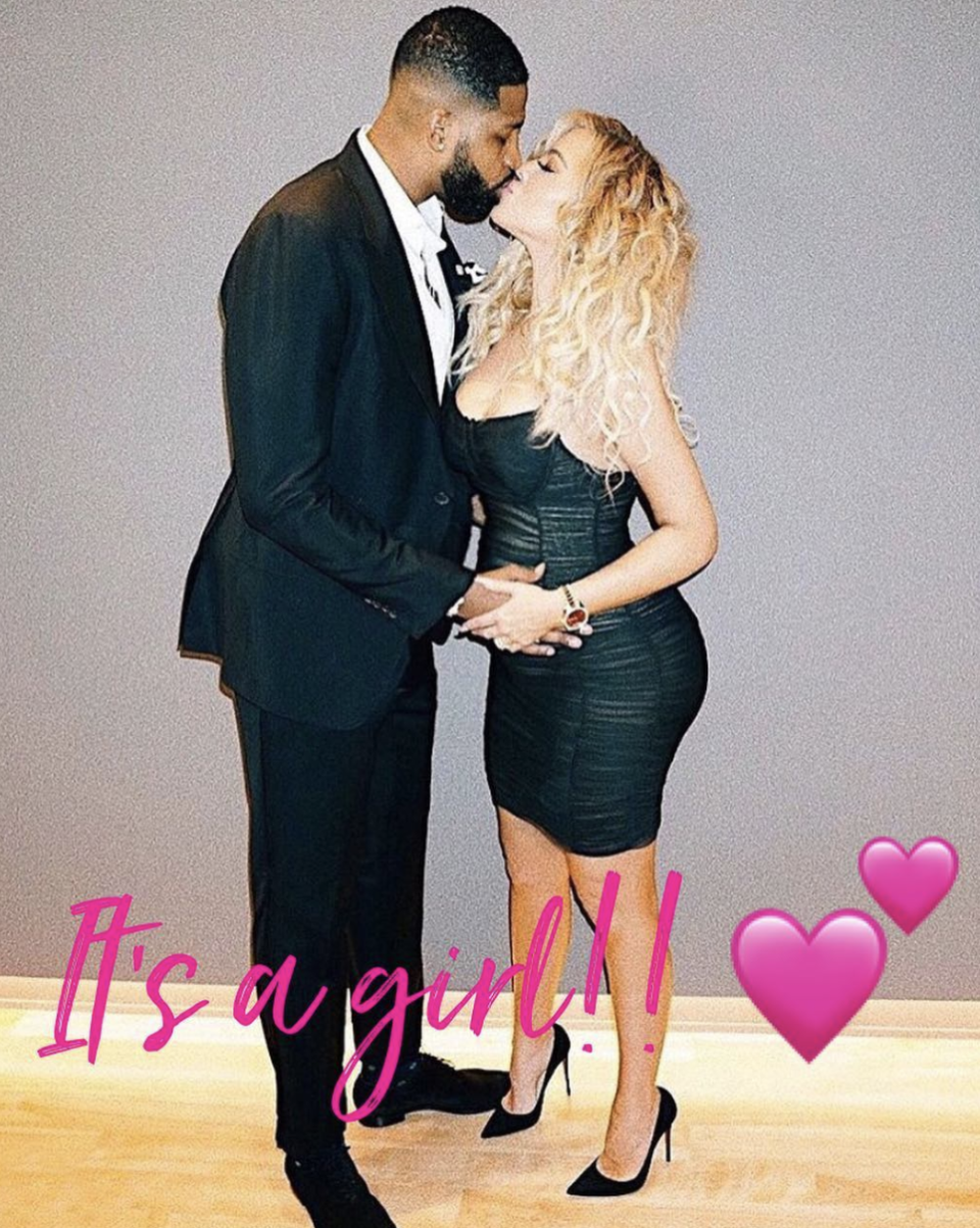 <p>After Khloe Kardashian posted a gender reveal cake on on her Instagram story, which showed pink frosting on the inside, her mom — and grandma-to-be-again — couldn’t contain her excitement. “It’s a girl,” she captioned this shot of Koko and her man, Tristan Thompson. “So blessed! I can’t wait to welcome another beautiful baby girl into our family! Congrats my beauty @khloekardashian and @realtristan13! God is good!” (Photo: <a rel="nofollow noopener" href="https://www.instagram.com/p/Bf7kGm8lrpU/?taken-by=krisjenner" target="_blank" data-ylk="slk:Kris Jenner via Instagram;elm:context_link;itc:0;sec:content-canvas" class="link ">Kris Jenner via Instagram</a>) </p>