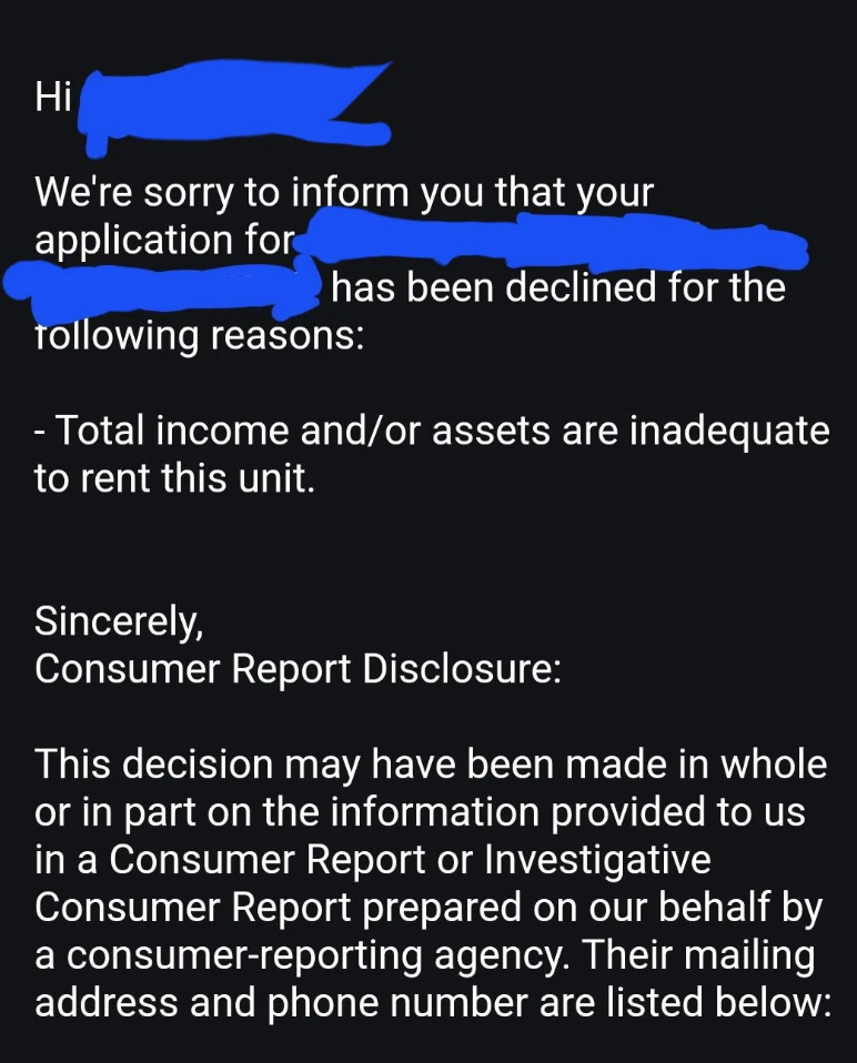 The image shows a letter declining an application due to inadequate income/assets, referencing a consumer report and investigation