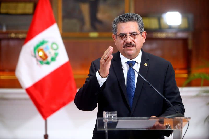 Peru's interim President Manuel Merino announces his resignation in a televised address, in Lima