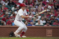 St. Louis Cardinals' Tommy Edman hits an RBI single during the fifth inning of a baseball game against the Miami Marlins Tuesday, June 28, 2022, in St. Louis. (AP Photo/Jeff Roberson)