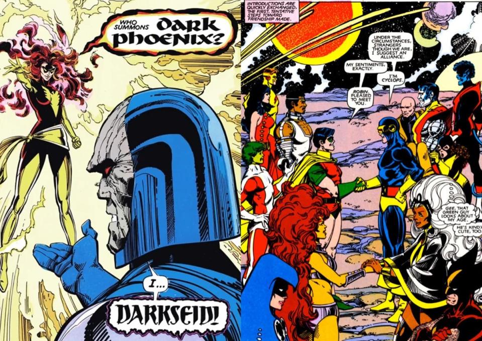 Darkseid resurrects Dark Phoenix, and the Titans and Mutants meet in Uncanny X-Men and the New Teen Titans.